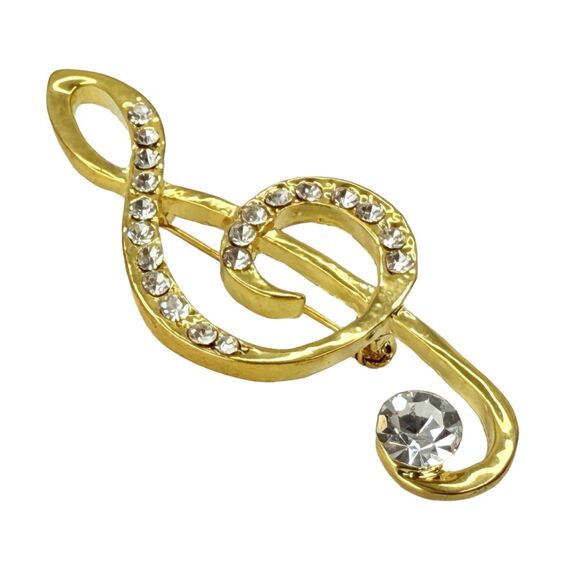 Vintage Crystal Music Note Brooch Pin 2", Gold-Tone, Elegant Treble Clef - Picture 3 of 10